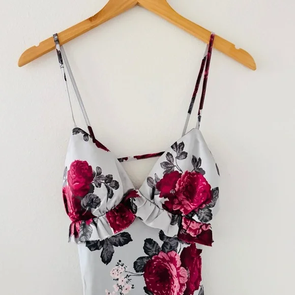 NWT Pear Culture x Macy’s Gray Silver Satin Floral Gown - Picture 7 of 8